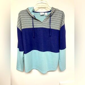 Chico’s hooded pullover, gray/white stripes, navy & light blue, 1 (8-10)